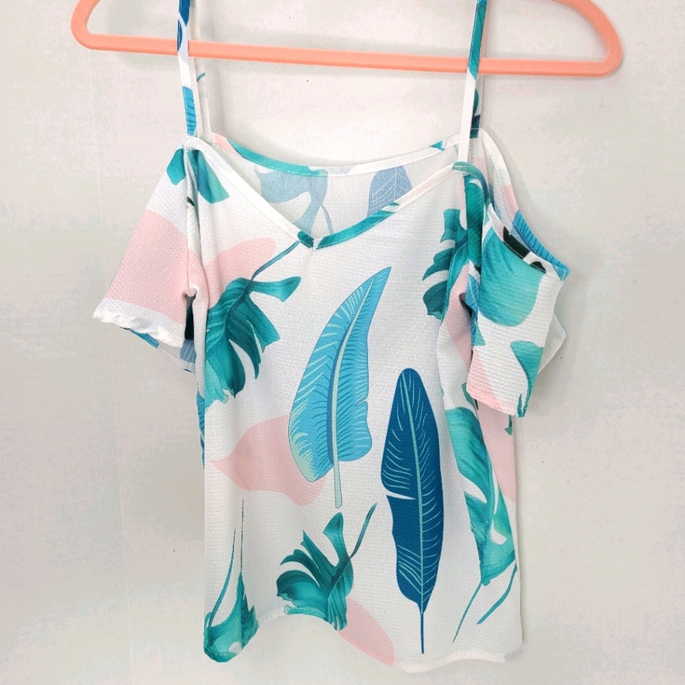 Tropical print off shoulder spaghetti strap top